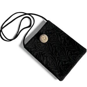 Vintage Damask Cloth Black Evening Bag Purse Crossbody with Pearl Brooch Accent